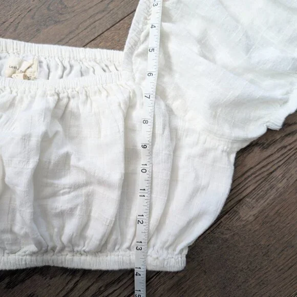 LAUDE the Label White Organic Cotton Gauze Square Neck Puff Sleeve Crop Top - L - Picture 3 of 4